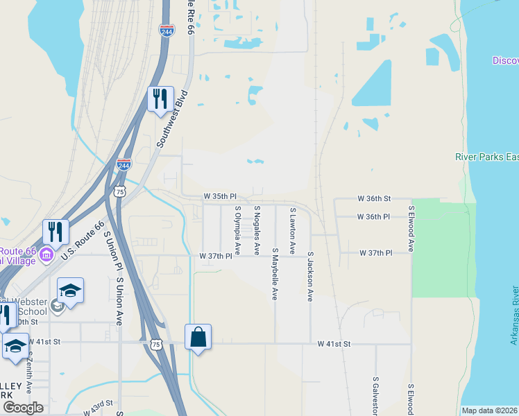 map of restaurants, bars, coffee shops, grocery stores, and more near 3601 South Nogales Avenue in Tulsa