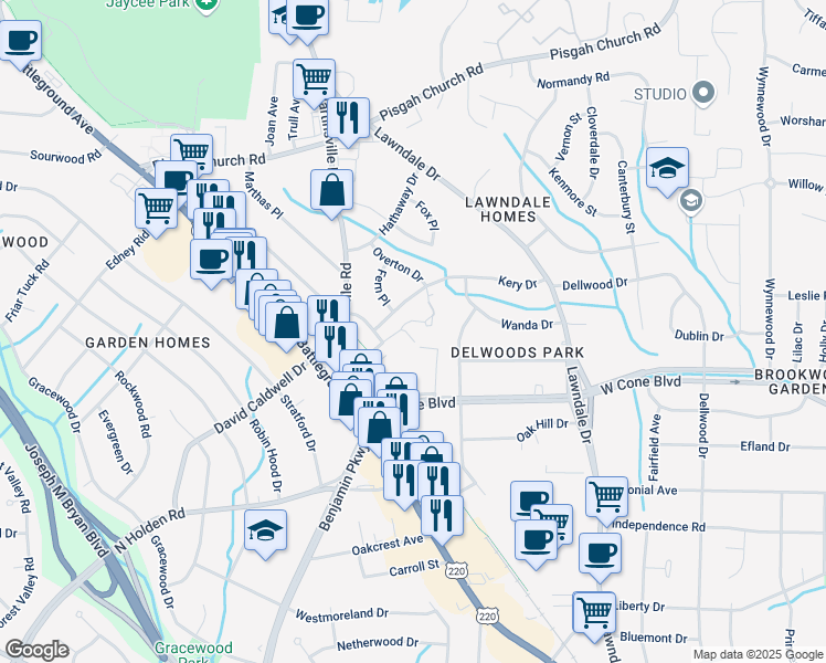 map of restaurants, bars, coffee shops, grocery stores, and more near 2517 Patriot Way in Greensboro
