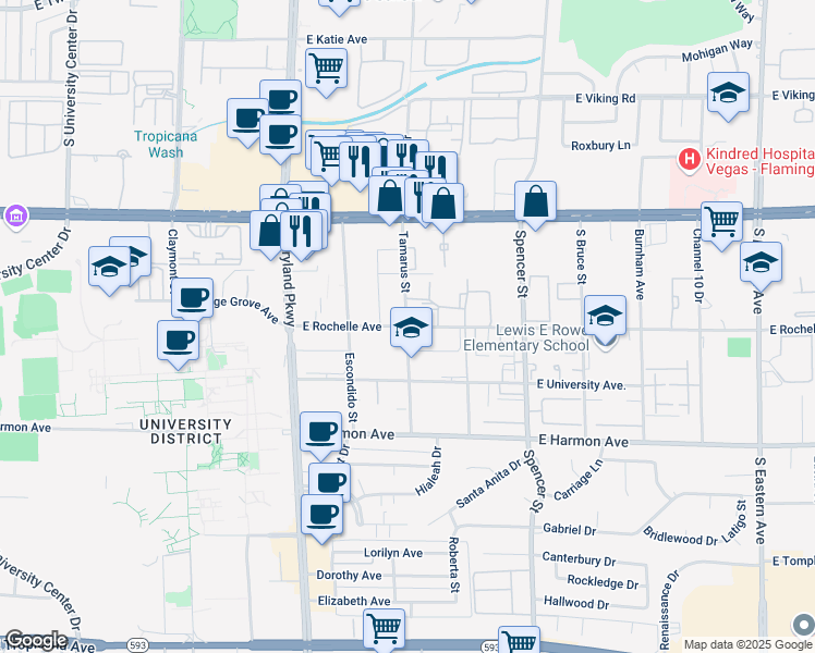 map of restaurants, bars, coffee shops, grocery stores, and more near Tamarus St & E Rochelle Ave in Las Vegas