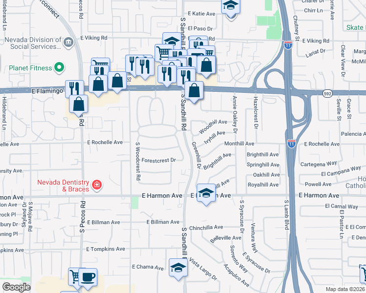 map of restaurants, bars, coffee shops, grocery stores, and more near 4336 Ridgecrest Drive in Las Vegas