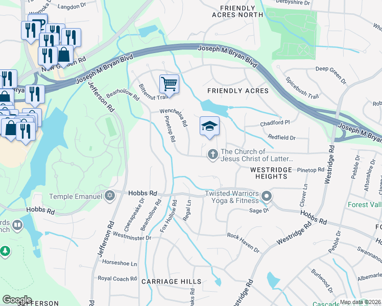 map of restaurants, bars, coffee shops, grocery stores, and more near 3724 Pinetop Road in Greensboro