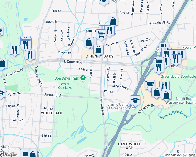 map of restaurants, bars, coffee shops, grocery stores, and more near 1508 19th Street in Greensboro