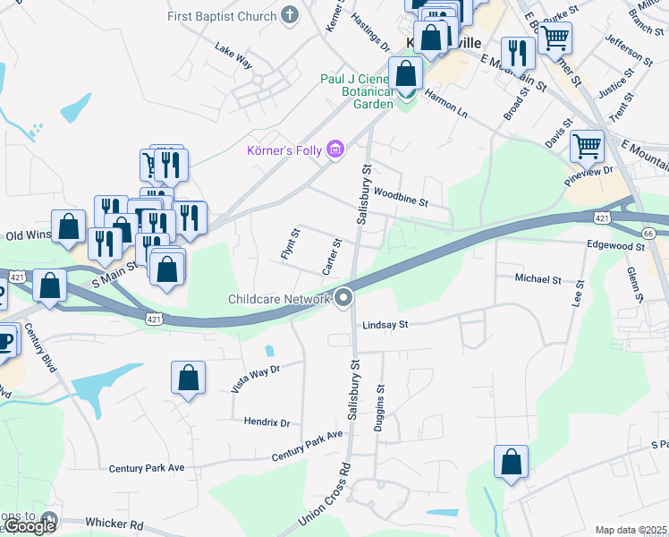 map of restaurants, bars, coffee shops, grocery stores, and more near 717 Carter St in Kernersville