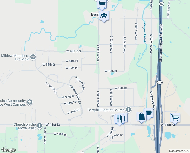 map of restaurants, bars, coffee shops, grocery stores, and more near 3614 South 65 West Avenue in Tulsa