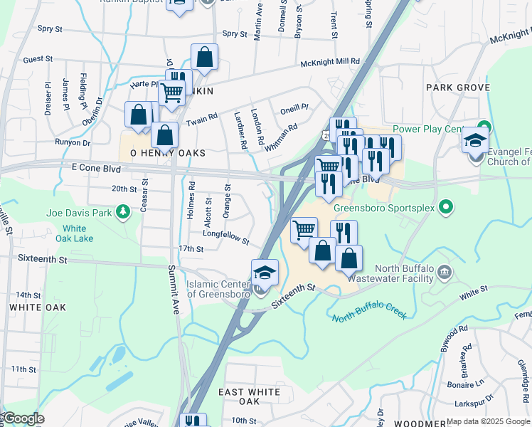 map of restaurants, bars, coffee shops, grocery stores, and more near 2815 North O.Henry Boulevard in Greensboro