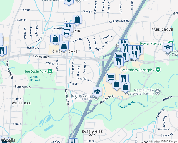 map of restaurants, bars, coffee shops, grocery stores, and more near 1705 Hemingway Drive in Greensboro