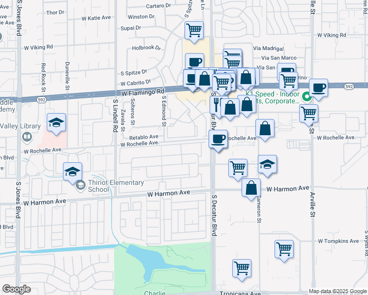 map of restaurants, bars, coffee shops, grocery stores, and more near 5062 River Glen Drive in Las Vegas