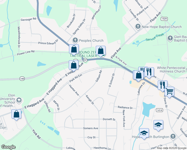 map of restaurants, bars, coffee shops, grocery stores, and more near 2451 Gilliam Rd in Elon