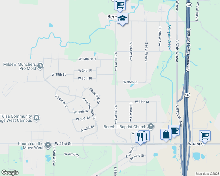 map of restaurants, bars, coffee shops, grocery stores, and more near 3614 South 65th West Avenue in Tulsa