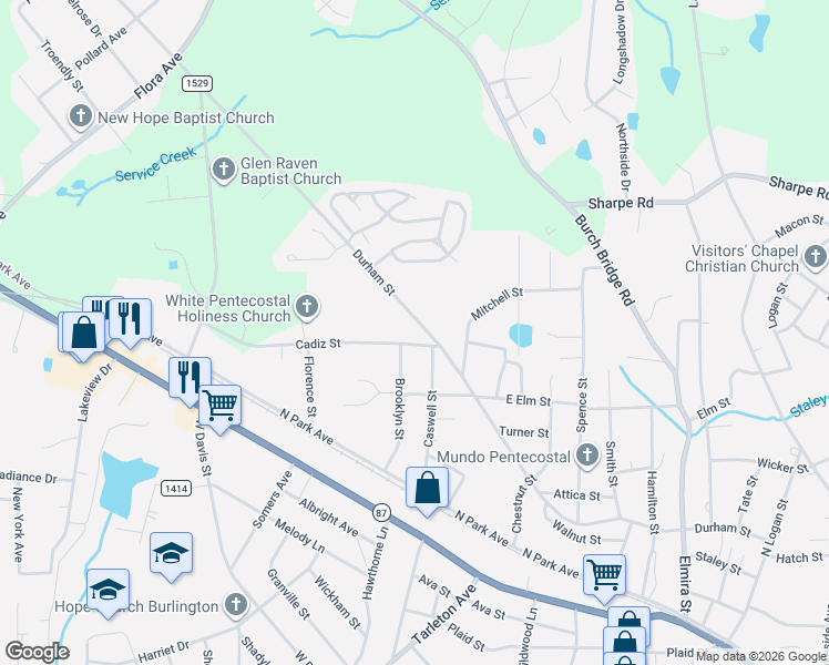 map of restaurants, bars, coffee shops, grocery stores, and more near 1531 Cadiz Street in Burlington