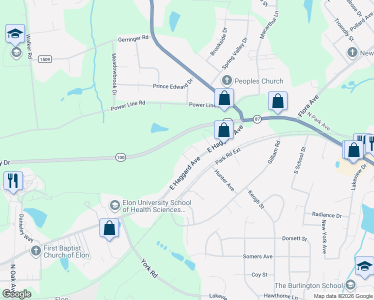 map of restaurants, bars, coffee shops, grocery stores, and more near 301 Campus Walk Trail in Elon