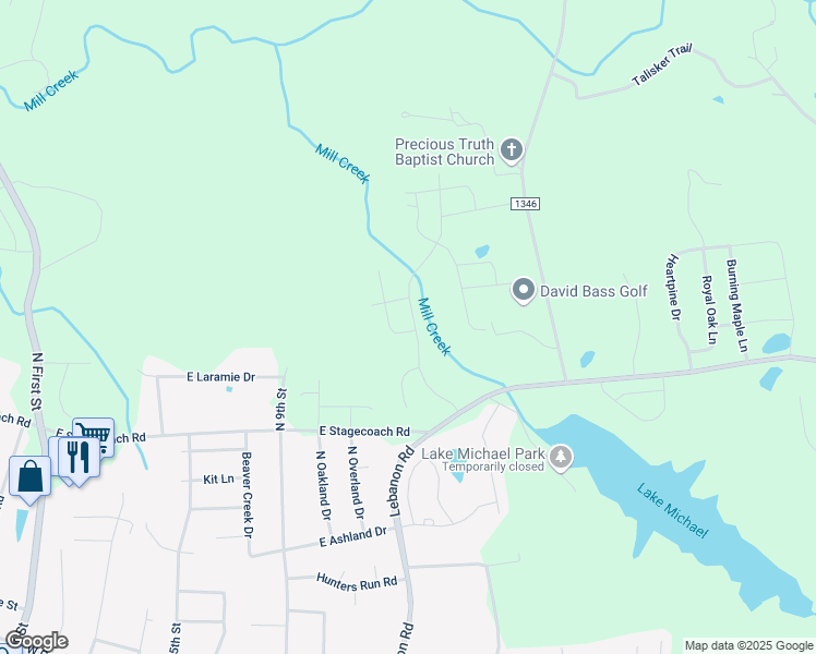 map of restaurants, bars, coffee shops, grocery stores, and more near 1201 Broad Oak Drive in Mebane