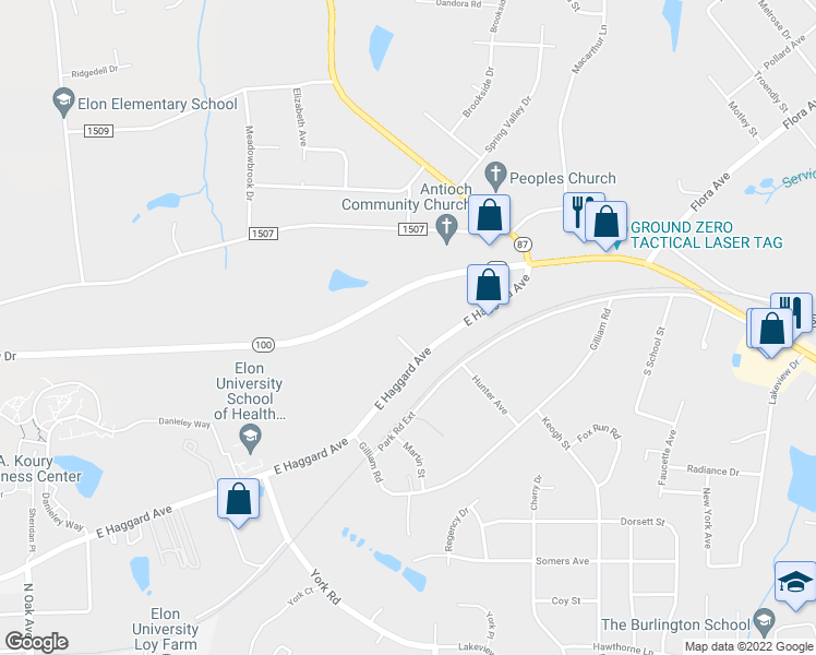 map of restaurants, bars, coffee shops, grocery stores, and more near 101 Campus Walk Trail in Elon