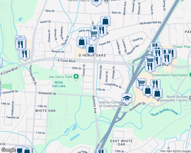 map of restaurants, bars, coffee shops, grocery stores, and more near 2808 Summit Avenue in Greensboro