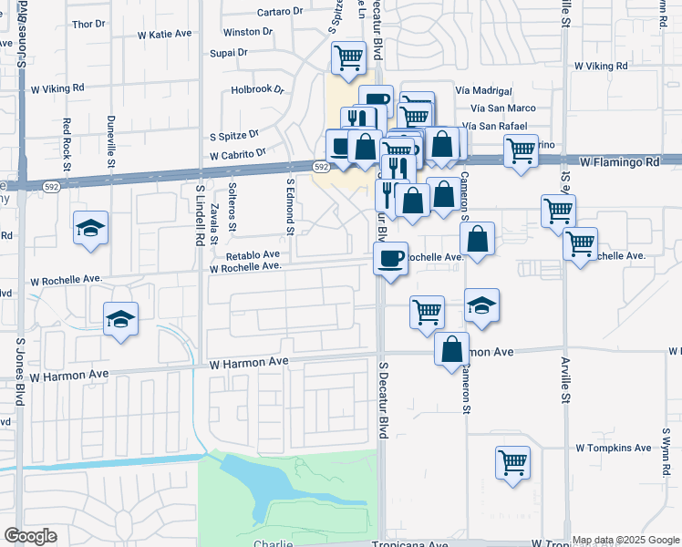 map of restaurants, bars, coffee shops, grocery stores, and more near 5044 River Glen Drive in Las Vegas