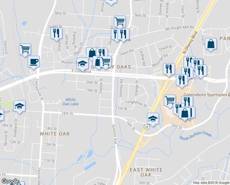 map of restaurants, bars, coffee shops, grocery stores, and more near 2808 Summit Avenue in Greensboro