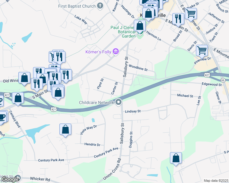map of restaurants, bars, coffee shops, grocery stores, and more near 717 Carter St in Kernersville