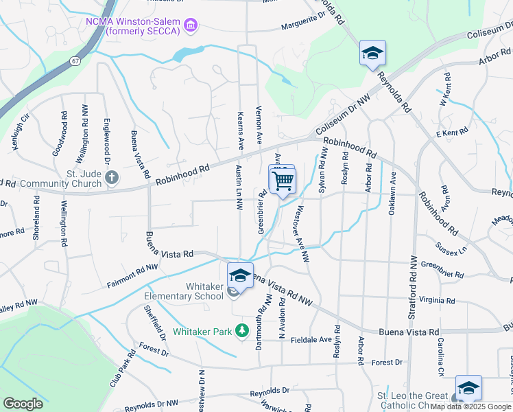 map of restaurants, bars, coffee shops, grocery stores, and more near 2628 Greenbrier Road in Winston-Salem
