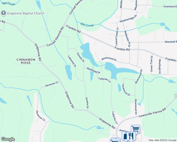 map of restaurants, bars, coffee shops, grocery stores, and more near 204 Wyntfield Drive in Lewisville