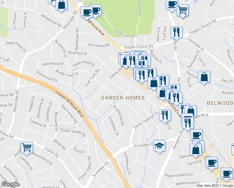 map of restaurants, bars, coffee shops, grocery stores, and more near 2806 Shady Lawn Drive in Greensboro