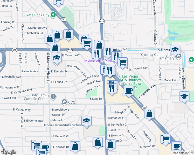 map of restaurants, bars, coffee shops, grocery stores, and more near 4980 Powell Avenue in Las Vegas