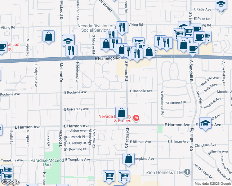 map of restaurants, bars, coffee shops, grocery stores, and more near 4316 Cottontail Lane in Las Vegas