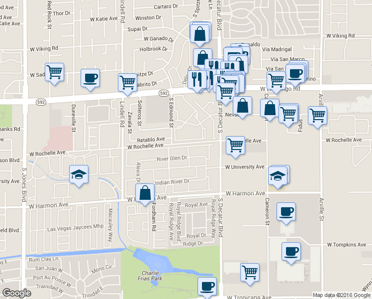map of restaurants, bars, coffee shops, grocery stores, and more near 5044 River Glen Drive in Las Vegas