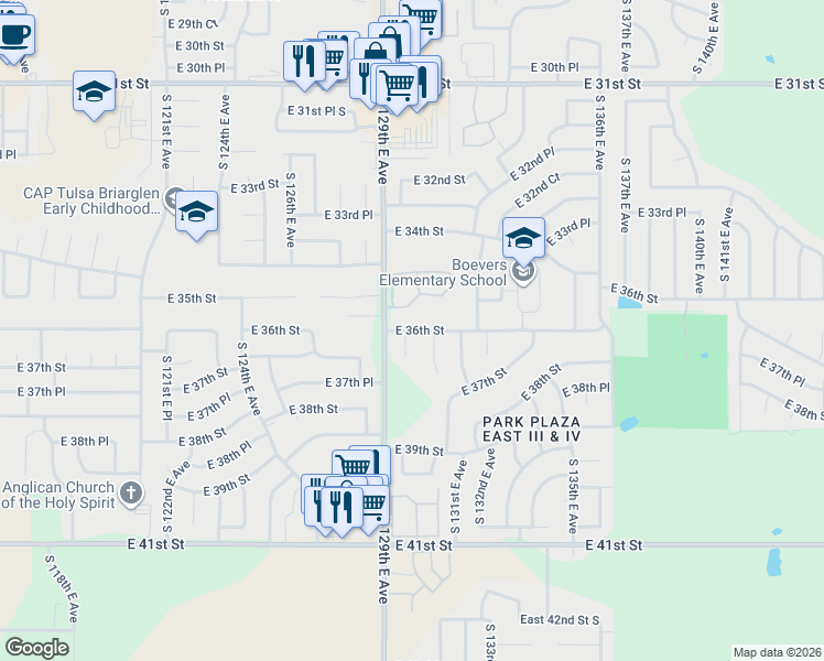 map of restaurants, bars, coffee shops, grocery stores, and more near 13014 East 36th Street in Tulsa