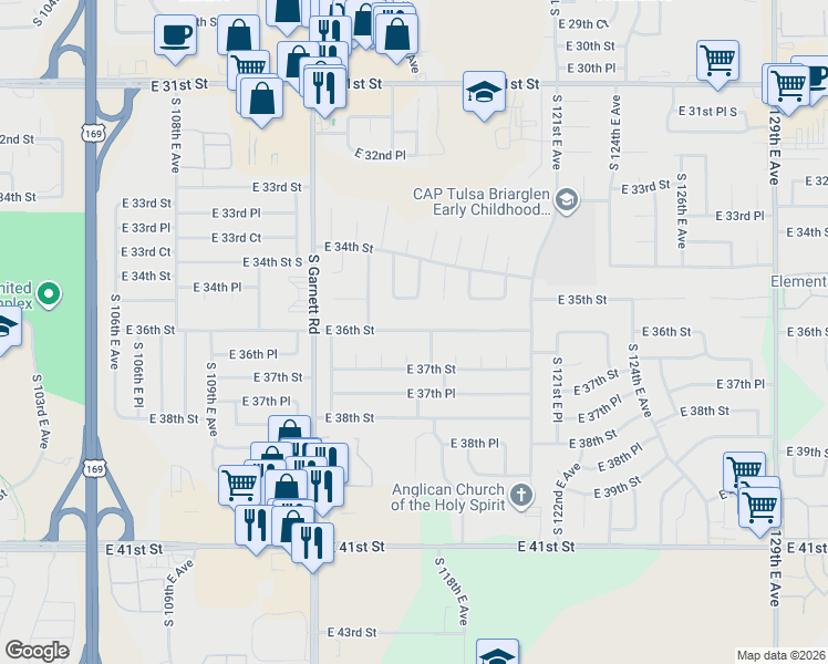 map of restaurants, bars, coffee shops, grocery stores, and more near 11650 East 36th Street in Tulsa