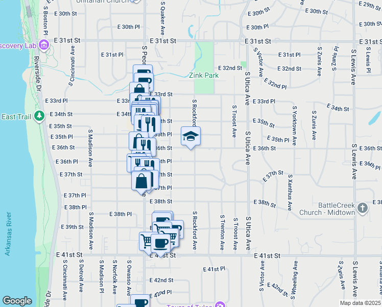 map of restaurants, bars, coffee shops, grocery stores, and more near 1503 East 36th Place in Tulsa
