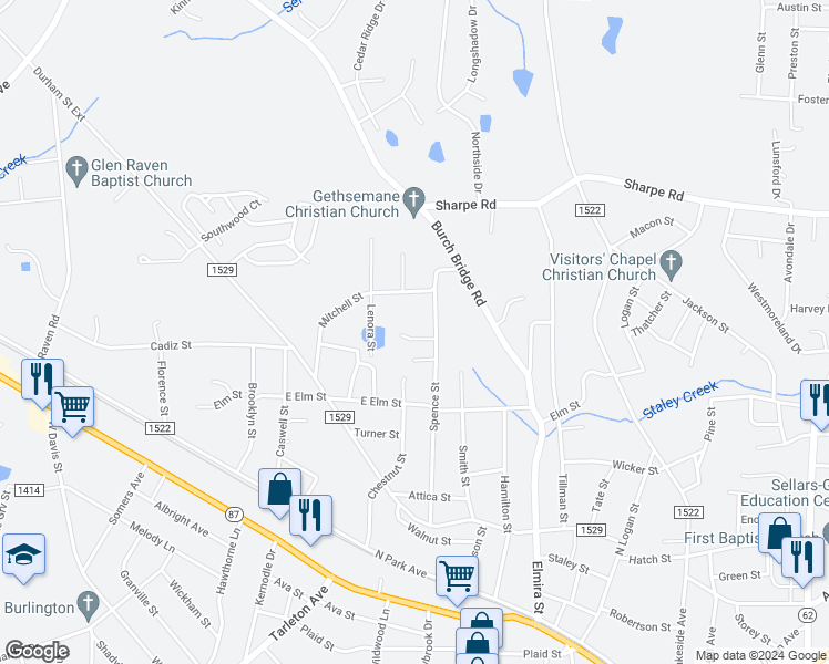 map of restaurants, bars, coffee shops, grocery stores, and more near 1121 Spence Court in Burlington