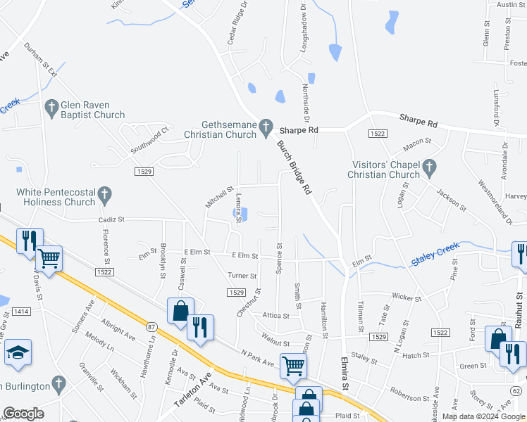 map of restaurants, bars, coffee shops, grocery stores, and more near 1127 Spence Court in Burlington