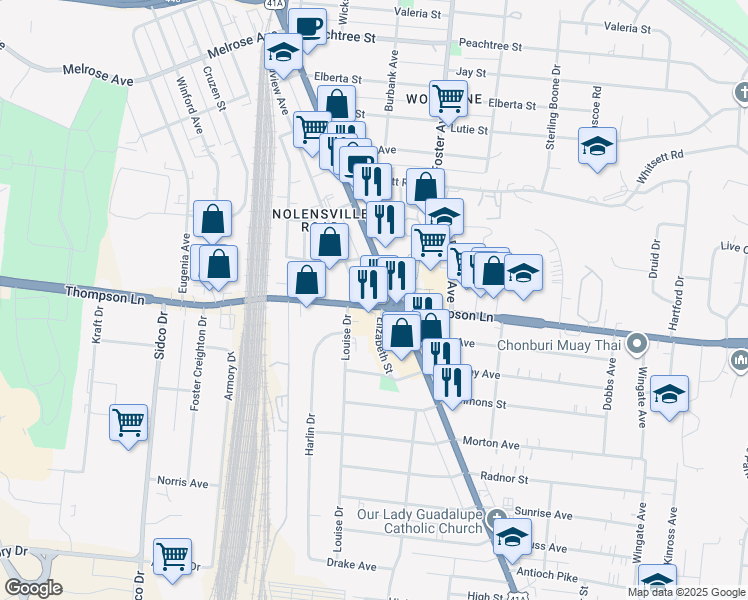 map of restaurants, bars, coffee shops, grocery stores, and more near in Nashville