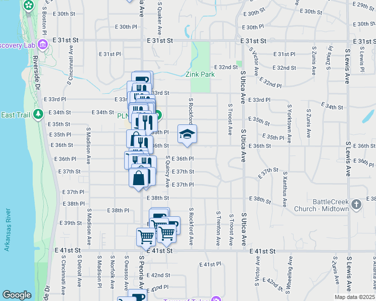 map of restaurants, bars, coffee shops, grocery stores, and more near 1442 East 36th Street in Tulsa