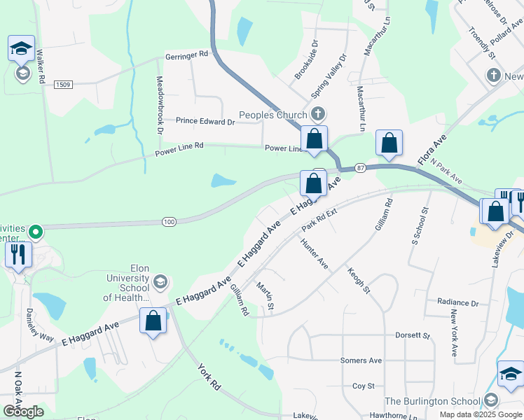 map of restaurants, bars, coffee shops, grocery stores, and more near 100 Campus Walk Trail in Elon