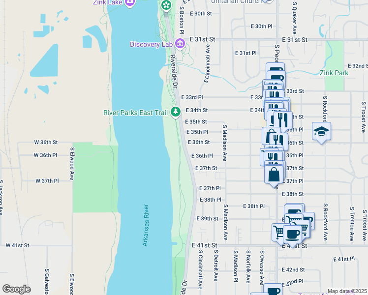 map of restaurants, bars, coffee shops, grocery stores, and more near Riverside Drive in Tulsa