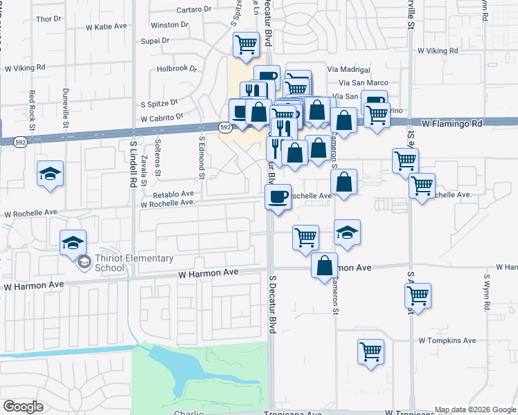 map of restaurants, bars, coffee shops, grocery stores, and more near 4320 Sandy River Drive in Las Vegas
