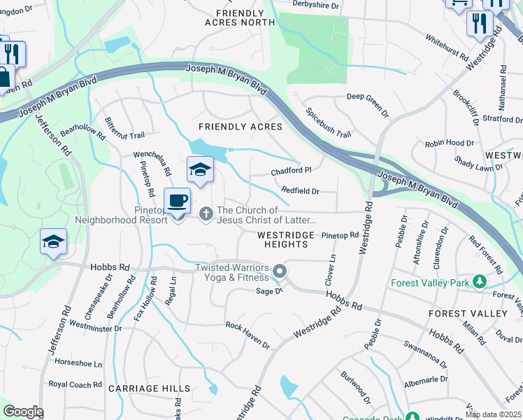 map of restaurants, bars, coffee shops, grocery stores, and more near 3637 Gramercy Road in Greensboro