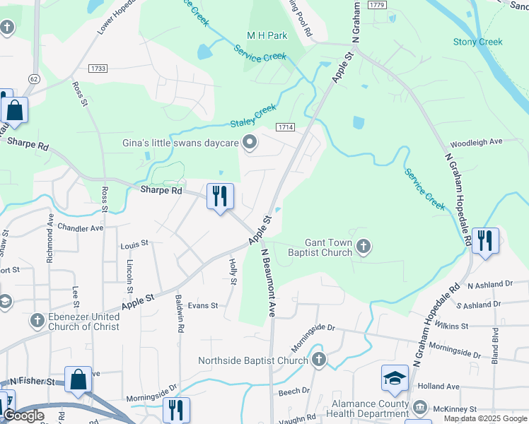 map of restaurants, bars, coffee shops, grocery stores, and more near 1336 Apple Street in Burlington