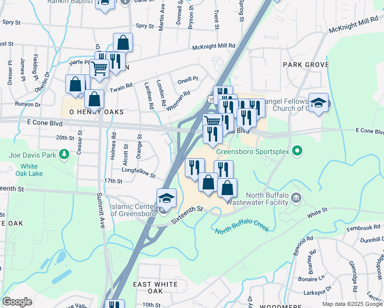 map of restaurants, bars, coffee shops, grocery stores, and more near 1212 Youngs Mill Road in Greensboro