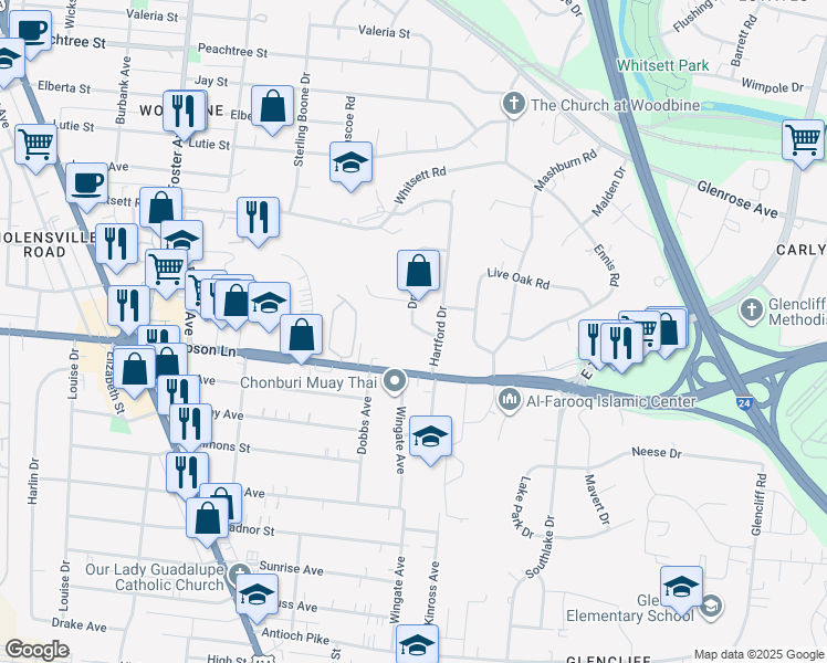 map of restaurants, bars, coffee shops, grocery stores, and more near 2815 Druid Dr in Nashville