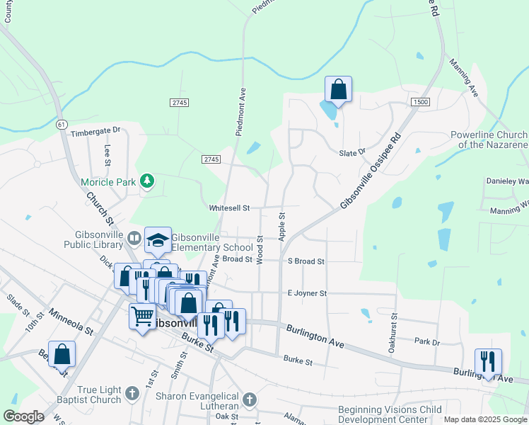 map of restaurants, bars, coffee shops, grocery stores, and more near 512 Wood Street in Gibsonville