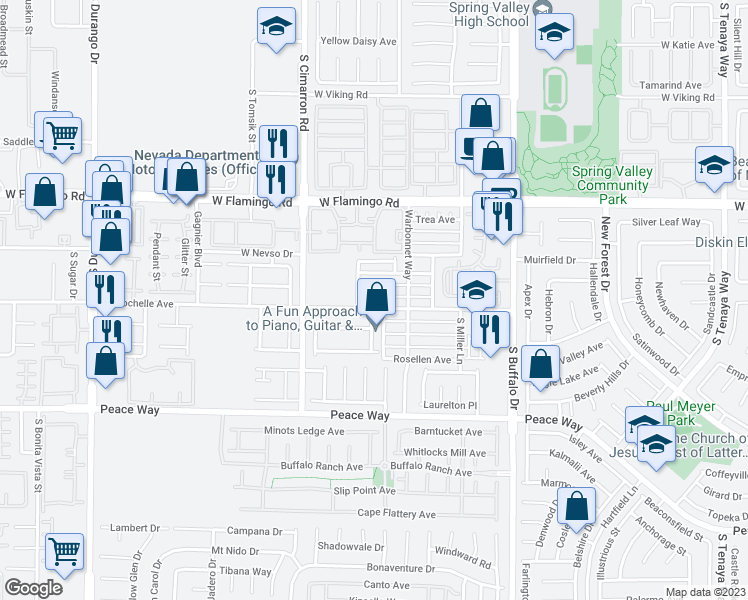 map of restaurants, bars, coffee shops, grocery stores, and more near 8067 Dorinda Avenue in Las Vegas