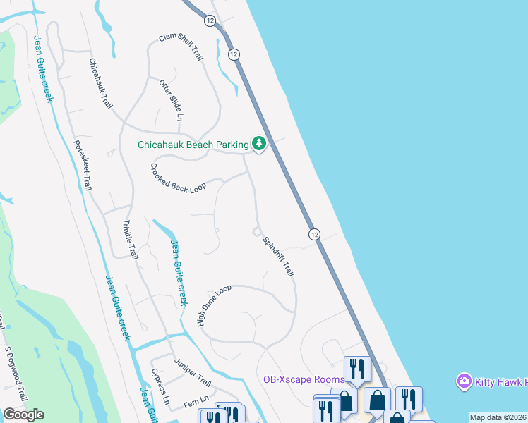 map of restaurants, bars, coffee shops, grocery stores, and more near 78 Spindrift Trail in Kitty Hawk