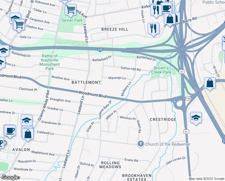 map of restaurants, bars, coffee shops, grocery stores, and more near 920 Woodmont Boulevard in Nashville