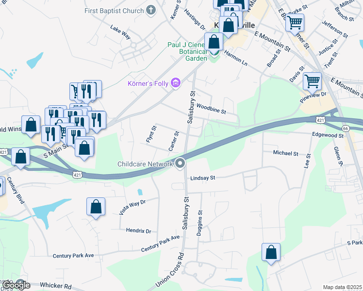 map of restaurants, bars, coffee shops, grocery stores, and more near 719 Carter Street in Kernersville