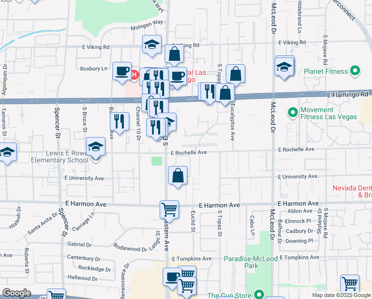 map of restaurants, bars, coffee shops, grocery stores, and more near 2475 Swan Lane in Las Vegas