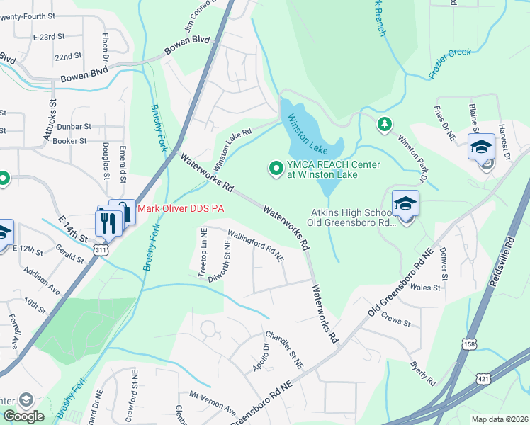 map of restaurants, bars, coffee shops, grocery stores, and more near 2631 Wallingford Road Northeast in Winston-Salem