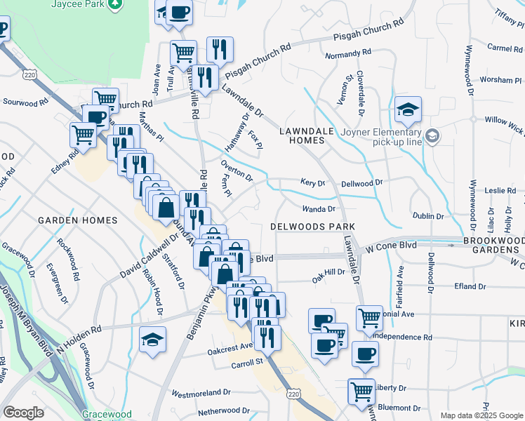 map of restaurants, bars, coffee shops, grocery stores, and more near 3001 Overton Drive in Greensboro