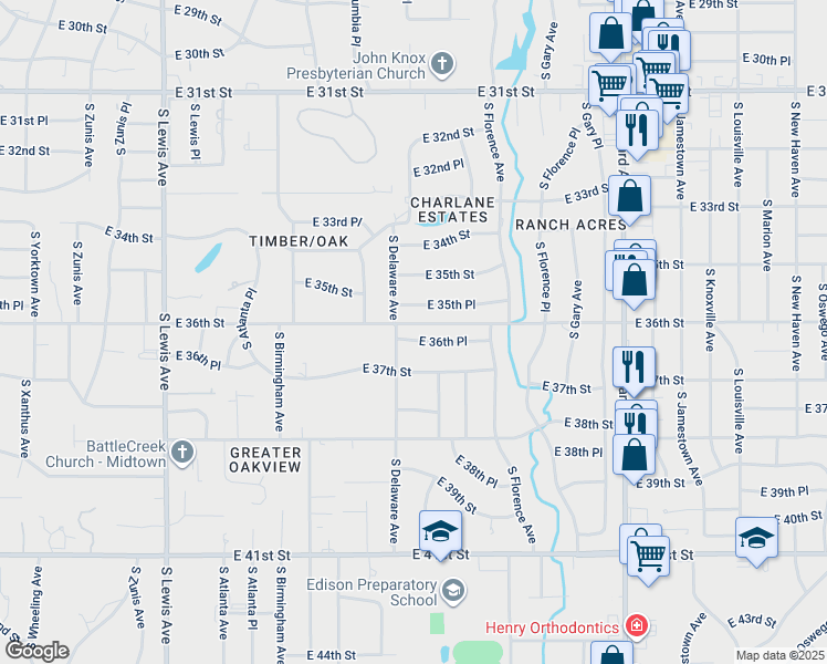 map of restaurants, bars, coffee shops, grocery stores, and more near 2813 East 36th Place in Tulsa